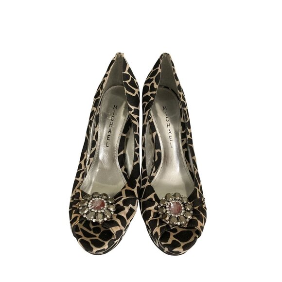 Michael selena women size 7 Black Beige Giraffe Print bejeweled Peep-Toe Heels - Picture 1 of 7